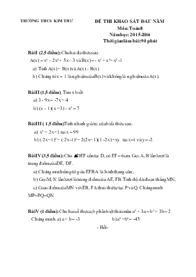 Đề thi khảo sát đầu năm môn Toán 8 - Năm học 2015 - 2016 - Trường THCS Kim Thư